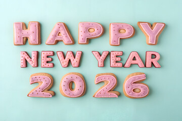 Pink frosted cookies spell “HAPPY NEW YEAR 2026” on blue background—playful, sweet celebration design blending creativity, charm, and seasonal joy. generative ai