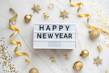 “HAPPY NEW YEAR” lightbox on marble with gold ribbons, stars, baubles, and confetti—stylish festive arrangement radiating joy, elegance, and celebration. generative ai