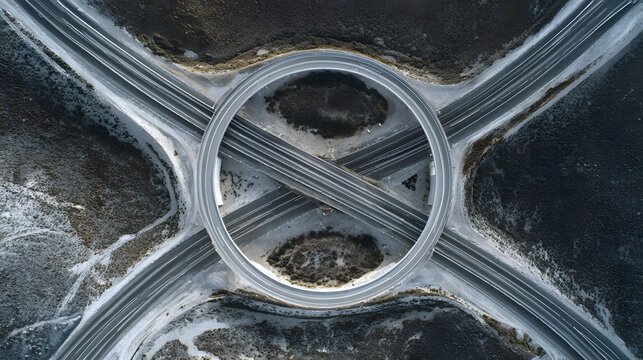 Overhead aerial view captures complex highway interchange structure over barren terrain - Powered by Adobe
