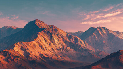Fototapeta premium A dramatic mountain summit illuminated by the golden light of sunset, casting long shadows across the rugged terrain under a vibrant, colorful sky