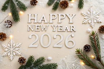 “HAPPY NEW YEAR 2026” in white letters surrounded by pine branches, snowflakes, pinecones, and lights—festive winter arrangement full of seasonal charm. generative ai