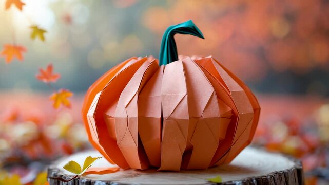 Origami Paper Pumpkin with Folded Geometric Faces on Wood Slice in Autumn Forest Setting