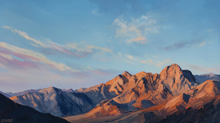 Naklejka premium Expansive view of a mountain range at dusk, with jagged peaks catching the last rays of sunlight against a clear, pale blue sky with wispy clouds