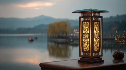 Illuminated Lantern by Serene Lake at Dusk with Mountain Backdrop.