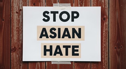 A white sign with the words "STOP ASIAN HATE" on a wooden background.