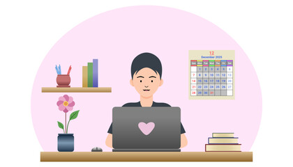 Cozy remote worker at desk, cheerful mood perfect for finance, schedule, or income advertisement.