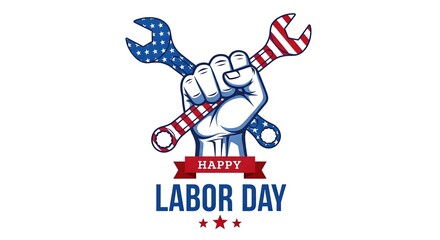 Happy Labor Day image featuring a hand holding wrenches with American flag colors.