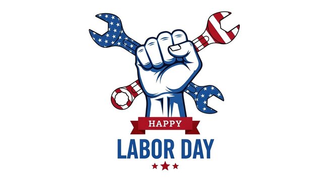 Powerful fist with wrenches adorned in American flag colors celebrates Labor Day, symbolizing strength, hard work, and national pride for a memorable holiday greeting.