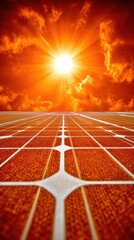 A grid of orange solar panels absorbs bright sunlight. The sun shines intensely through some clouds, providing clean energy