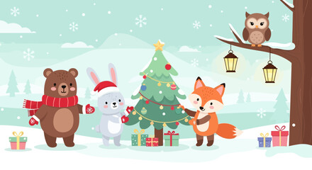 Cute cartoon animals decorating a Christmas tree in a snowy winter landscape vector illustration for holiday season greeting card or childrens design