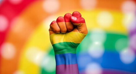 A raised fist painted with rainbow colors, symbolizing LGBTQ+ pride, solidarity, and human rights, against a blurred rainbow background.