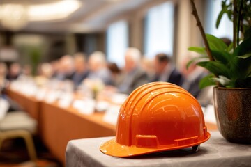 Safety First - Hard Hat at Business Conference.