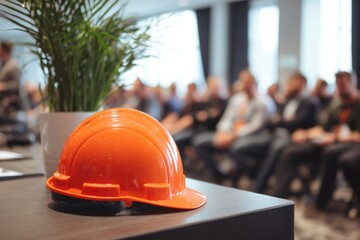 Safety First - Hard Hat at Construction Site Meeting.