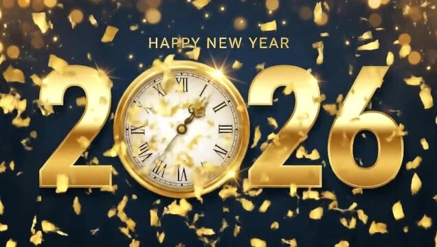 Celebrate the arrival of 2026 with a golden clock striking midnight amidst a shower of confetti, symbolizing the joyous transition to the new year 4k video