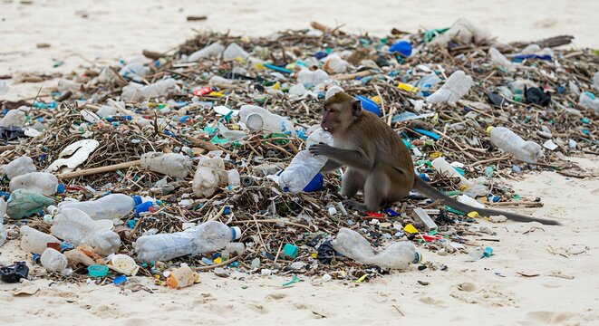 Monkey amidst plastic waste - A stark reminder of environmental pollution.
