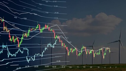 Market trends in renewable energy during the day with wind turbines in the background - Powered by Adobe