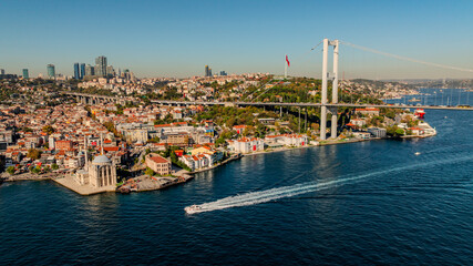 Istanbul Bosphorus Bridge(July 15 Martyrs Bridge). Aerial view of the Bosphorus Bridge with drone on a cloudy day. Unique view of Istanbul. Turkiye.