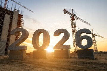 Concrete “2026” at sunset—symbol of future progress on active construction site with cranes and rising structures, bathed in golden light and long shadows. generative ai