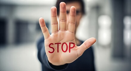 Urgent warning sign displayed on open palm, conveying a clear message to halt or cease activity, perfect for safety and alert communications.