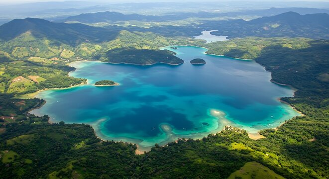 Stunning aerial view of a tropical island bay with turquoise water.