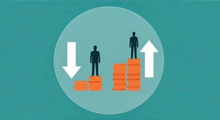 Conceptual illustration of the wealth gap, showing figures on different-sized stacks of coins with arrows indicating financial direction.