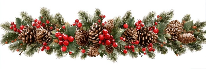Festive Christmas Garland with Pine Cones and Red Berries.