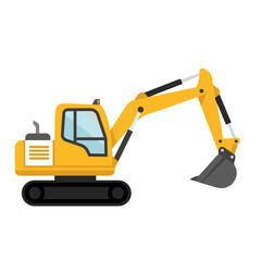 Yellow hydraulic excavator flat design icon. Heavy construction machinery, digger, or backhoe isolated on white