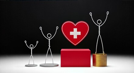 Three wireframe figures of varying heights stand on pedestals with a red heart and white cross symbol behind them.