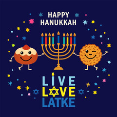 Happy Hanukkah creative card with funny sufganiyot and latke emoji and colored menorah. Live, Love, Latke - vector illustration for the Festival of Lights