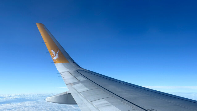 Istanbul, Turkey - October 18, 2025: Airplane wing with Pegasus airline logo against blue sky