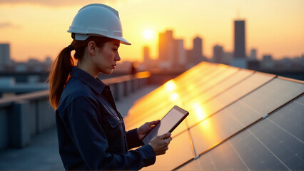 Sustainable Cityscape: Technician Monitoring Green Energy