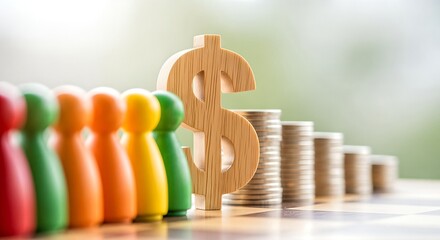 Colorful game pawns stand in a line next to a wooden dollar sign and descending stacks of coins.