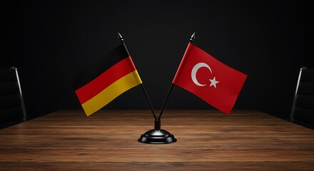 German and Turkish flags displayed on a wooden table, symbolizing international relations and diplomacy