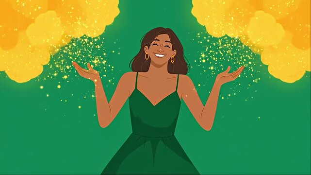Happy woman in a green dress with arms outstretched surrounded by golden sparkles vector illustration for celebration and joy