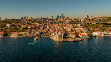 Mecidiye Cami - Ortaköy Mosque by the Bosphorus in istanbul, Turkey. A major Ottoman Mosque Buyuk Mecidiye Camii and abandoned Esma Sultan Mansion. One of the famous symbols of Besiktas Region. Aerial