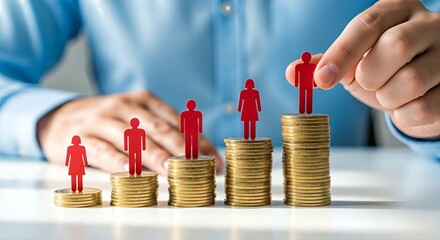 A person's hand places a red figurine on top of a stack of coins, symbolizing financial growth and career advancement.