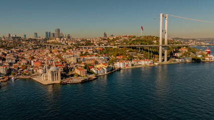 Mecidiye Cami - Ortaköy Mosque by the Bosphorus in istanbul, Turkey. A major Ottoman Mosque Buyuk Mecidiye Camii and abandoned Esma Sultan Mansion. One of the famous symbols of Besiktas Region. Aerial