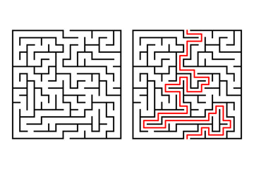 Vector Square maze or labyrinth game with Included Solution. New idea find, creative maze puzzle