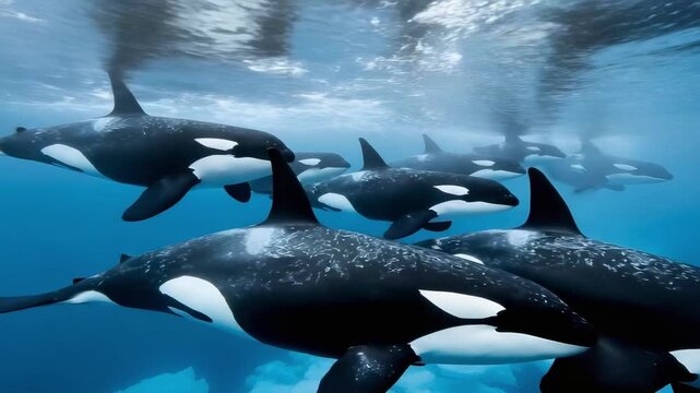 A pod of orcas (killer whales) swimming underwater in a clear blue ocean.