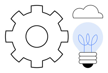 Gear represents mechanisms, light bulb symbolizes ideas, and cloud suggests connectivity. Ideal for teamwork, development, innovation, creativity, problem-solving technology collaboration. Simple