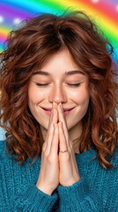 Naklejka premium A young woman with curly brown hair and a blue sweater is smiling with her eyes closed. Her hands are clasped in a prayer position in front of her face