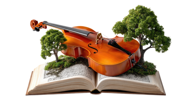 Harmonious Melodies Unveiled: A violin rests gracefully atop an open book, amidst miniature trees, signifying the fusion of music and the natural world.