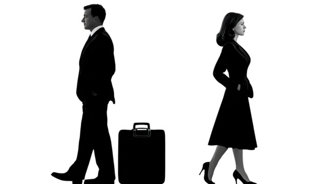 Farewell: a monochrome silhouette captures a poignant parting of ways, with a luggage bag symbolizing a transition, conveying themes of change, separation, and solitude.