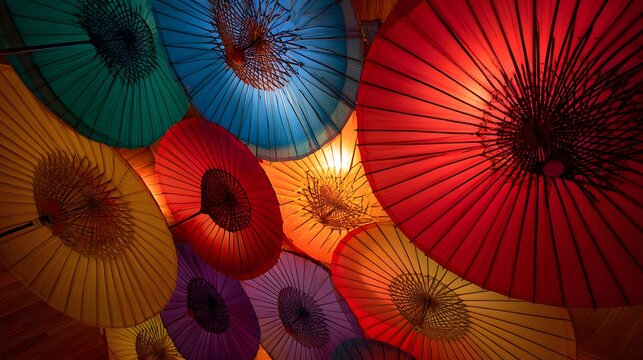 Numerous brightly illuminated paper parasols create a vibrant overhead canopy display