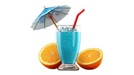 Tropical Paradise Drink: A refreshing blue cocktail adorned with a vibrant miniature umbrella, sitting beside two halves of ripe orange, promising a taste of exotic bliss.
