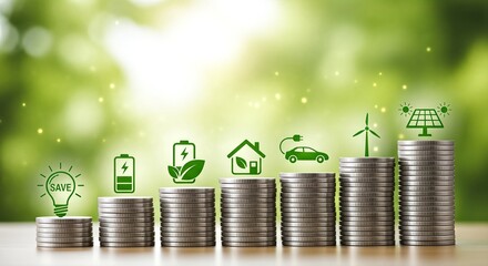 Stacks of coins arranged in ascending order, symbolizing financial growth and investment in green energy solutions.