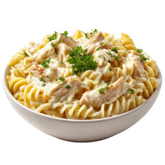 A delicious bowl of creamy fusilli pasta with tender chicken and fresh parsley,