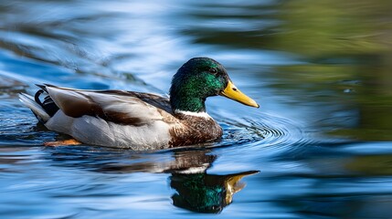 Obraz premium Male waterfowl swims creating ripples on a sunlit blue water surface