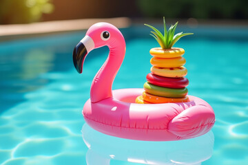 Fototapeta premium Relaxing Summer Vibes: Tropical Fruit Stack on Pink Flamingo Floatie in Pool