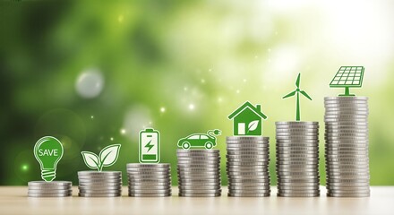 Green investments concept: coins stacked with eco-friendly icons on top.